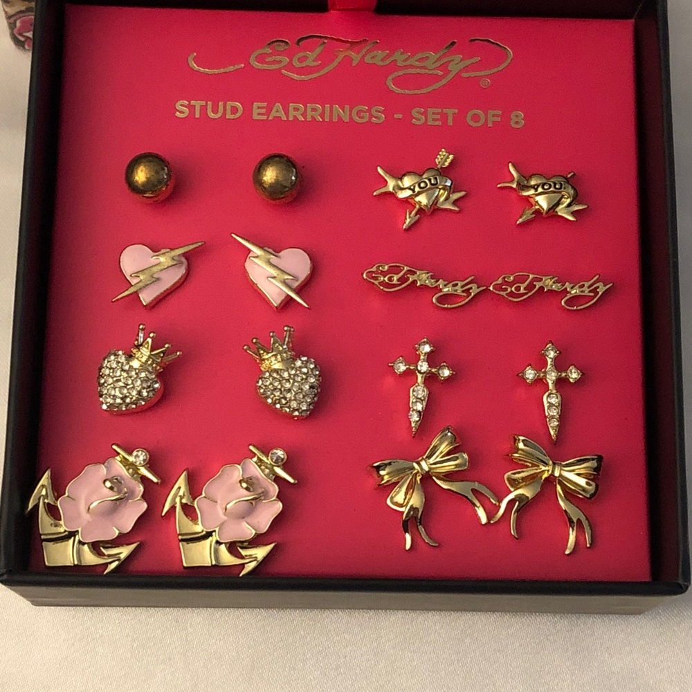 Ed Hardy Gold Tone 8 Pair Stud Earring Set Bow, Heart, Logo, Cross & Crown NIB